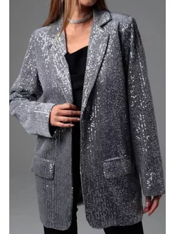 Скидка на пиджак серебристый пайетка с подкладкой жакет блейзер