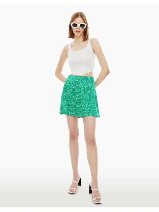 Скидка на Зелёная сатиновая юбка-трапеция с принтом