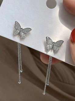 Скидка на Серьги гвоздики длинные серебро бижутерия бабочки