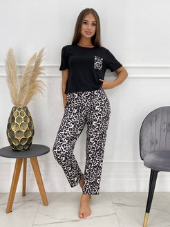 Скидка на Пижама женская с брюками черная домашний костюм леопард