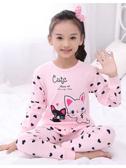 Скидка на пижама теплая розовая для девочки в садик с принтом котика