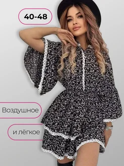 Скидка на Платье с рюшами и воланами летнее в цветочек