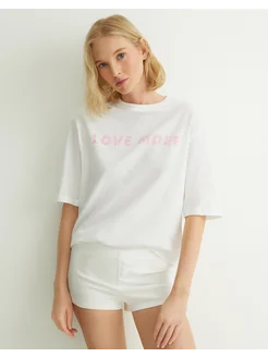 Скидка на Белая пижамная футболка oversize с принтом