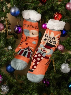 Скидка на Новогодние носки тапочки высокие с принтом для подарков