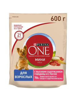 Отзыв на Сухой корм Purina ONE для собак мелких пород с активным образом жизни, говядина с рисом, 600 г