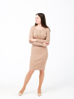 Распродажа Стильное платье ниже колена с округлым вырезом горловины и длинными рукавами,дополнено золотистыми пуговицами