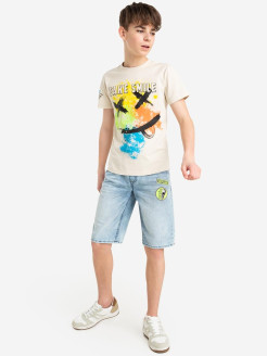 Распродажа Бежевая футболка с разноцветным принтом выполнена из хлопкового трикотажа джерси