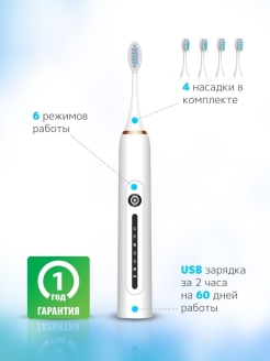 Отзыв на Электрическая зубная щетка 4 насадки, 6 режимов, зарядка от USB