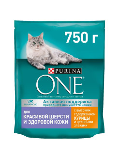 Отзыв на Сухой корм Purina ONE для кошек, красивая шерсть и здоровая кожа, курица и цельные злаки, 750 г